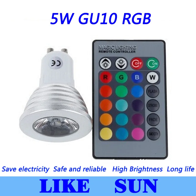 Бесплатная доставка 50 шт./лот 5 Вт RGB лампа 16 цветов GU10 AC95 265V Светодиодная с пультом