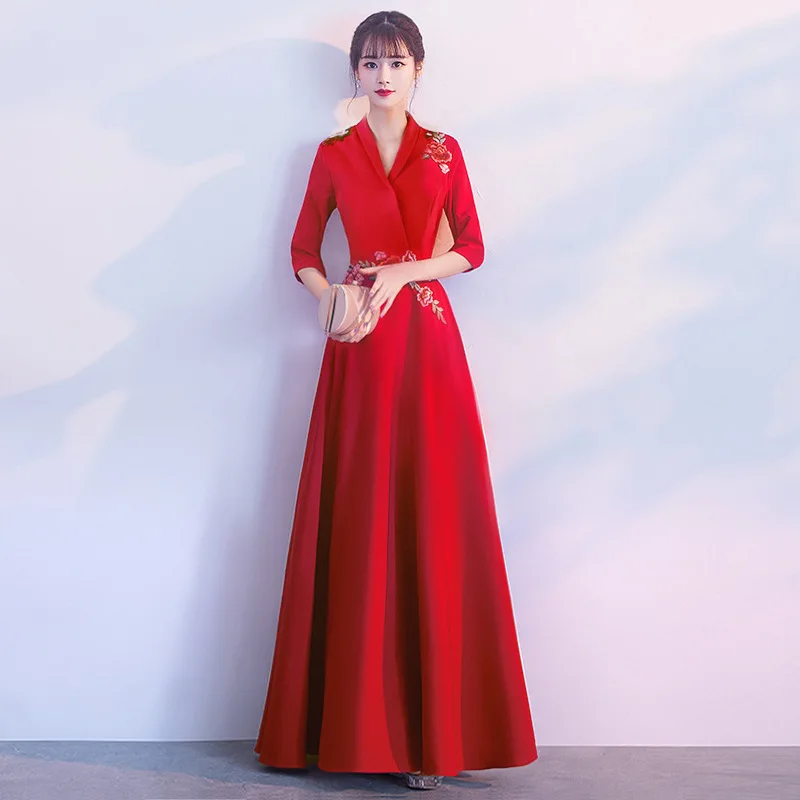 Red Floor length Вечернее платье Для женщин вечерние цветок с коротким рукавом цвет красного вина вечернее платье для выпускного вечера с v-образным вырезом, с молнией, а-силуэт Размеры Robe De Soiree E419 - Цвет: Red Floor length
