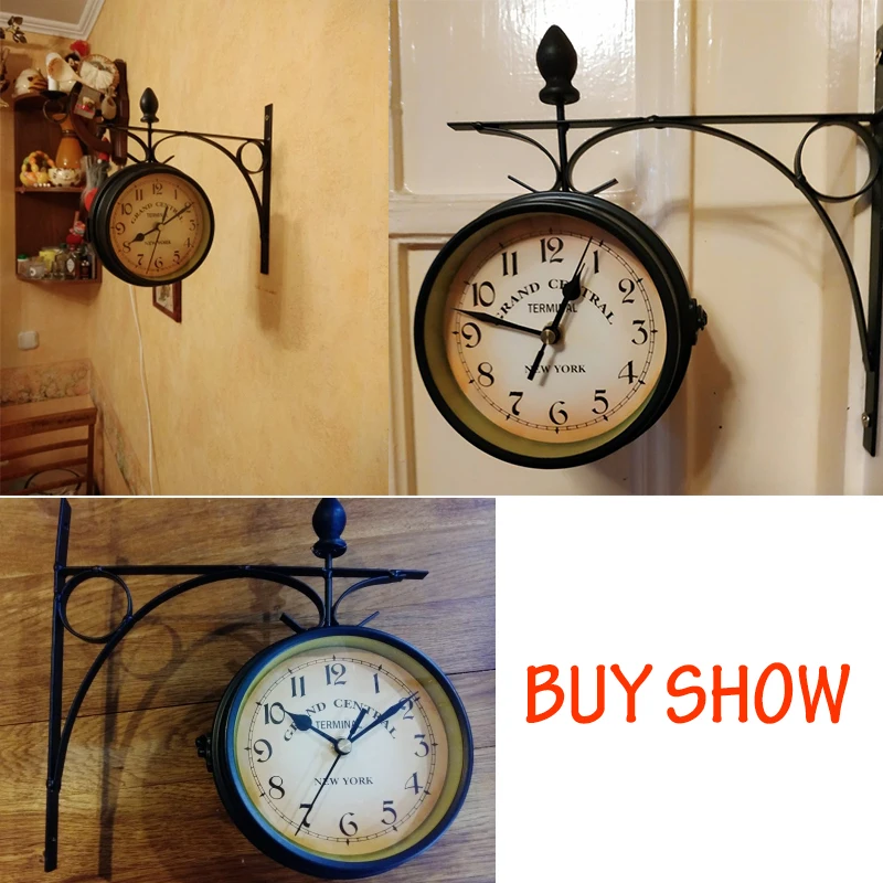 Античный стиль станция настенные часы металлические декоративные двухсторонние