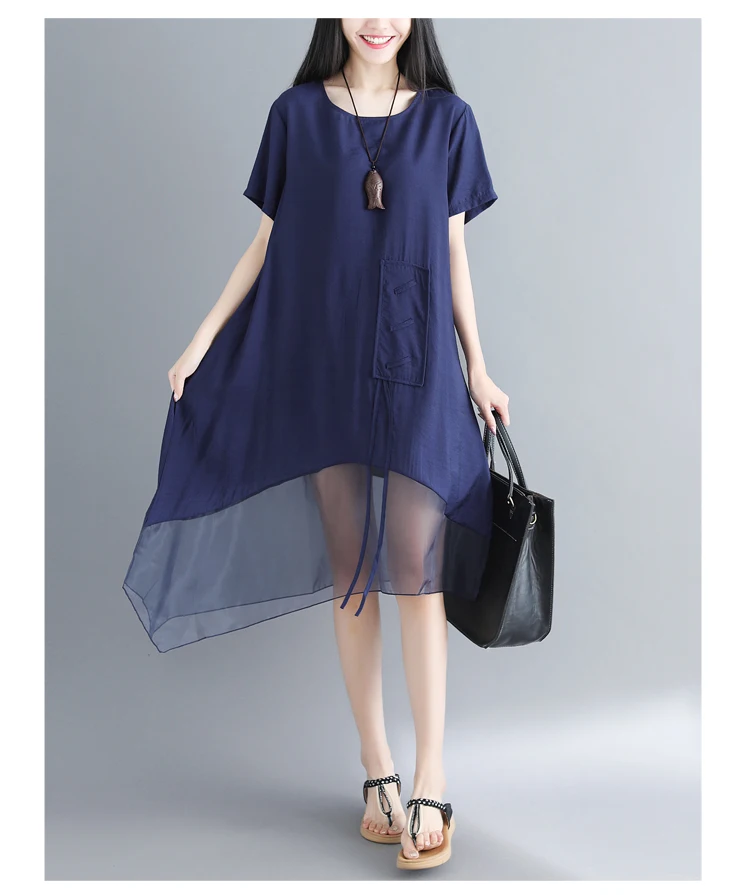 Летнее асимметричное хлопковое льняное газовое лоскутное платье для женщин плюс