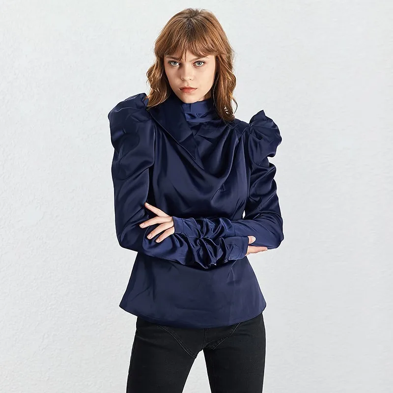 TWOTWINSTYLE, сатиновые однотонные женские рубашки, блузка, Женская пышная блуза с длинным рукавом на шнуровке, топы больших размеров, женская летняя модная одежда - Цвет: navy