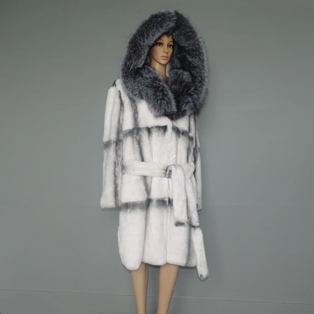 

New 100cm Long Silver Fox Fur Hooded Coat/Imitation White Cross Mink Designing Rex Rabbit Fur Outwear Garment Overcoat Parka