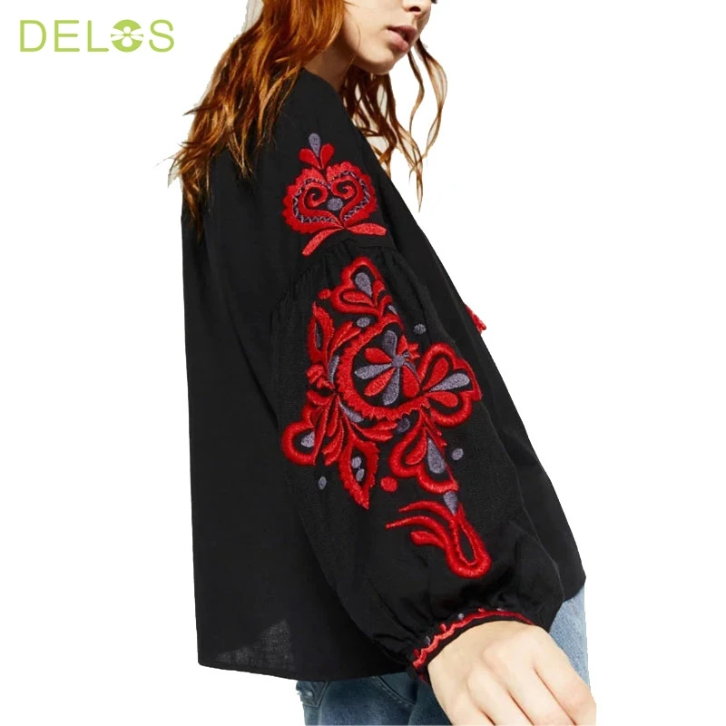 ДЕЛОС Геометрическая Вышивка Кисточкой Блузка Femme Кружева Дамы Свободные Черные