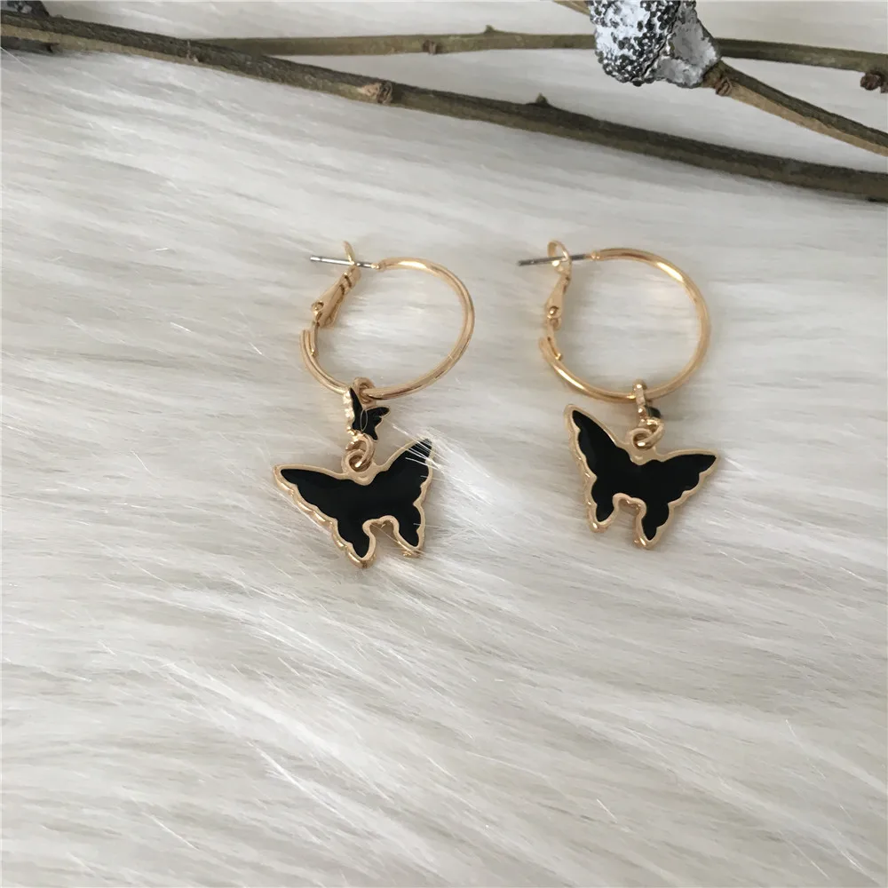 Модные ювелирные изделия золотое покрытие черная бабочка с кольцом серьги для