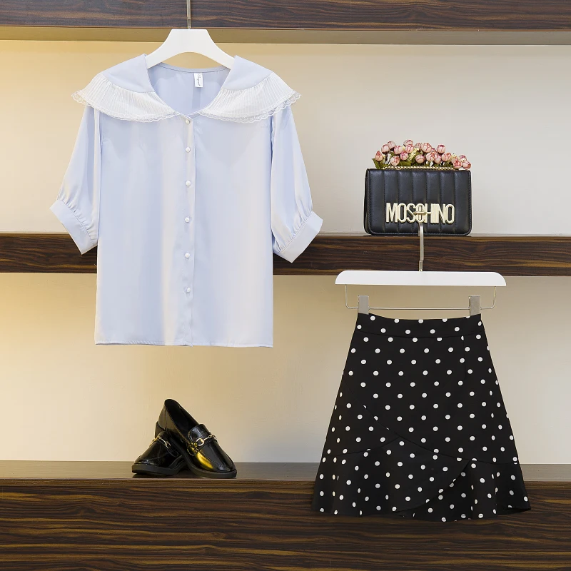 

lace collar short sleeve chiffon blouse top & dot print skirt of tall waist black fishtail skirts women 2 pcs clothing set vogue