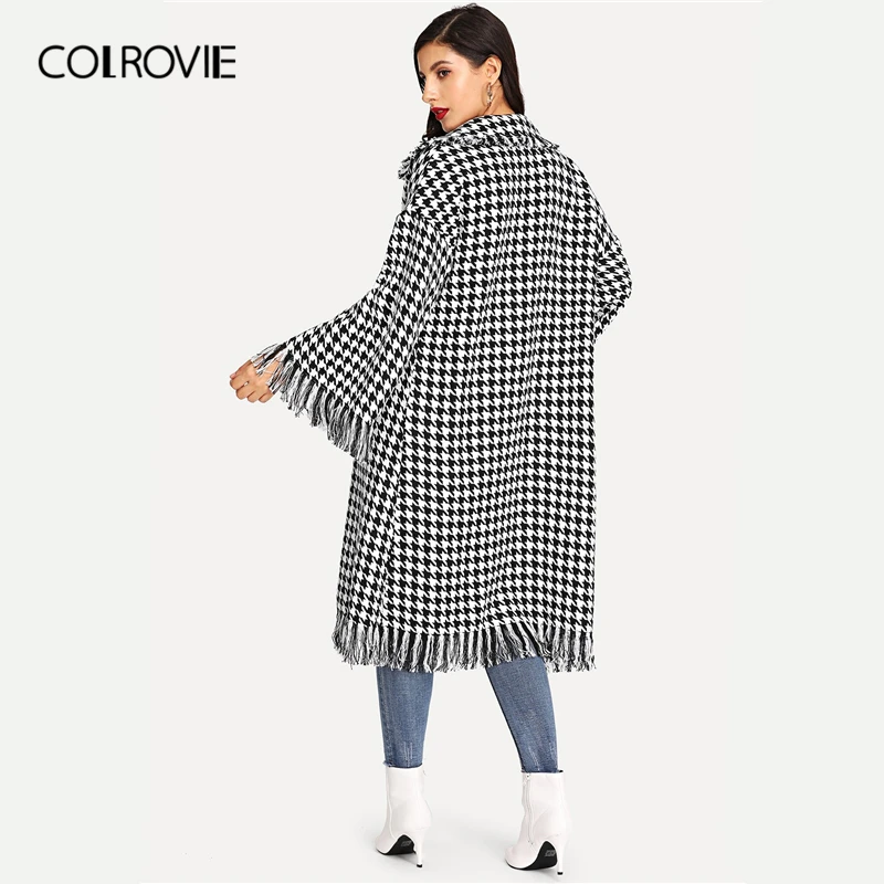 COLROVIE, шаль, воротник, гусиная лапка, рукав-колокол, бахрома, повседневное длинное пальто для женщин, весна, модное пальто для офиса, женская верхняя одежда