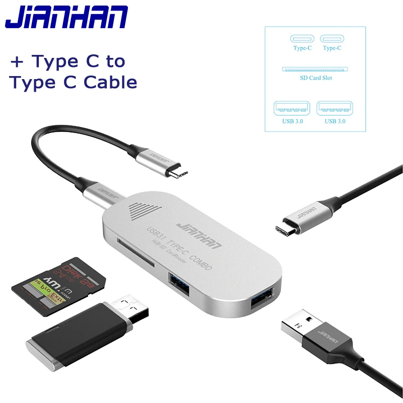 JianHan 5 в 1 USB C концентратор Type SD/Micro SD кардридер на 3 0 со стандартным зарядным