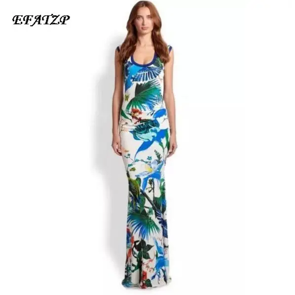 

EFATZP 2022 летние Роскошные брендовые шелковые тянущиеся Макси-Платья из Джерси, Женские повседневные облегающие праздничные пляжные длинные платья с принтом