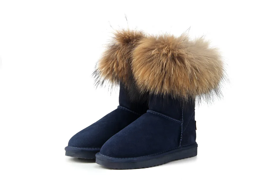 MBR FORCE Fashion Women's Natural Real fox Fur Snow Boots Genuine Cow Leather women Boots Female Warm Winter Boots Shoes