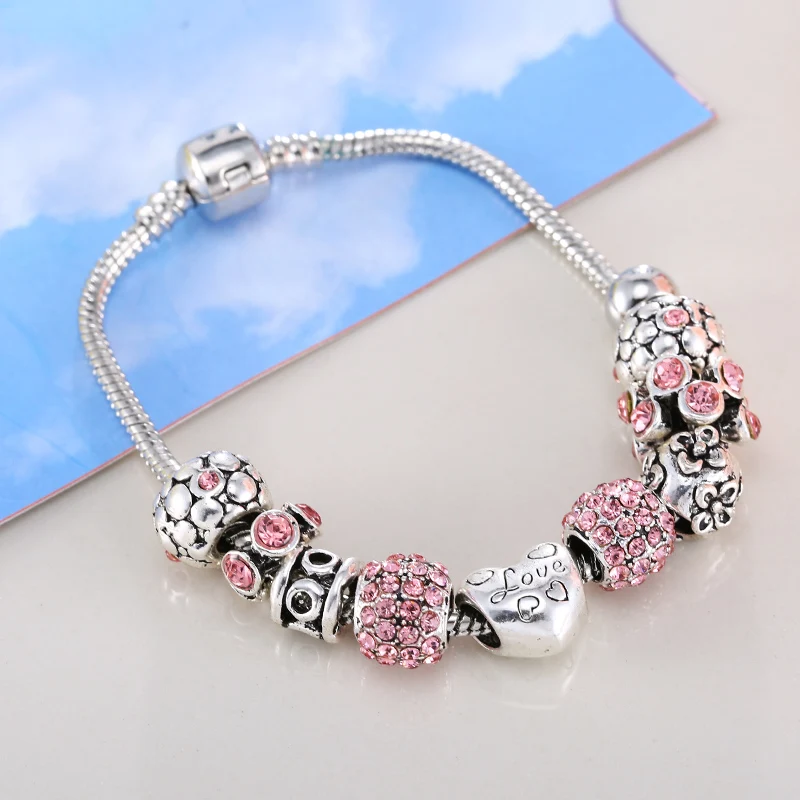 MANBALA женская Любовь Шарм Браслет с Розовым Горный Хрусталь Бисер 2017 Модные