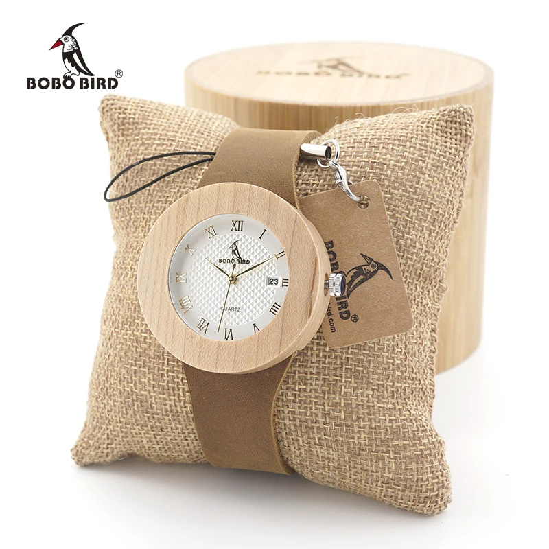 

BOBO BIRD Bamboo women Wooden Watches Ladies Round Sport Quartz Wood Watch with Real Leather Strap relojes mujer