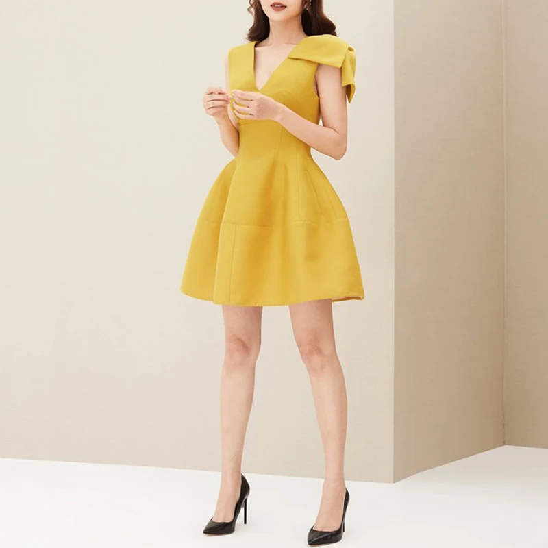 INDRESSME, Элегантное летнее женское платье, короткий бант, рукав, v-образный вырез, Мини Длина, Бальное, одноцветное, вечерние, Клубное платье, сексуальное платье