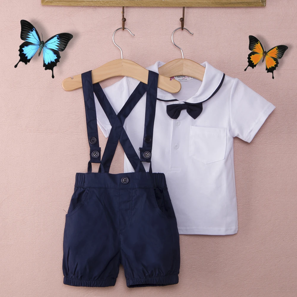 

2PCS Infant Children Toddler Baby Boy Kid Outfits Set Suit Bow Tie T-shirt Top+Overall Bib Pants