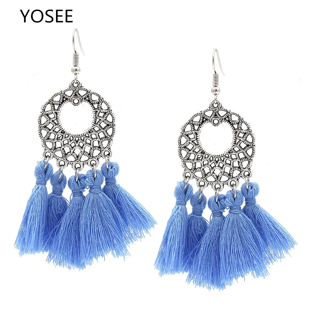 Женские серьги с кисточками YOSEE черные белые синие красные розовые длинные из