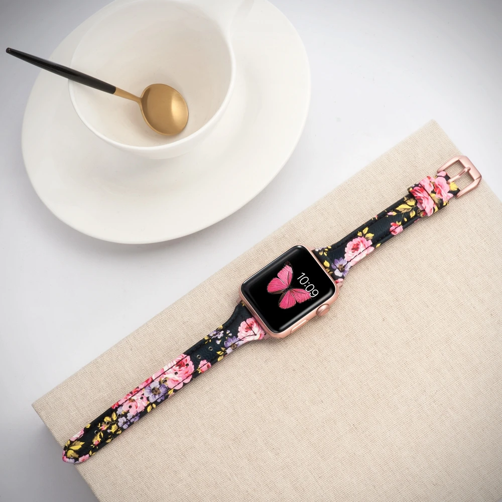 Ремешок кожаный для Apple Watch Band Премиум гибкий стильный браслет с цветочным