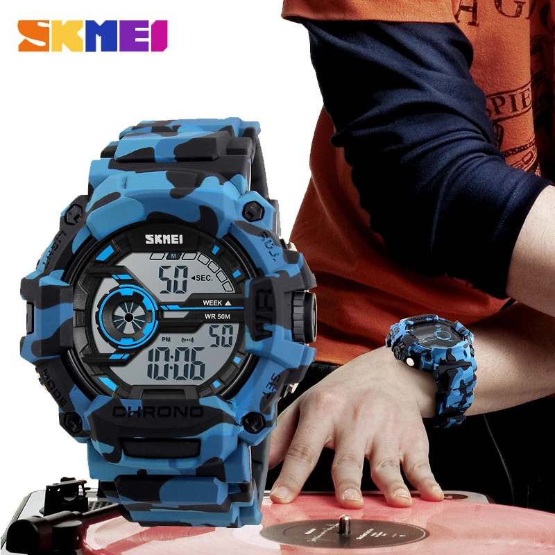 SKMEI мужские уличные спортивные цифровые часы камуфляж Многофункциональный