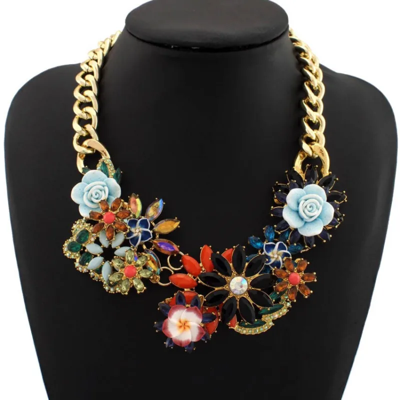 Danfosi Big Brand Vintage Gold Color Exaggerated Luxury Crystal Resins Flower Collar Choker Necklace Statement JC Maxi Jewelry - Окраска металла: Black