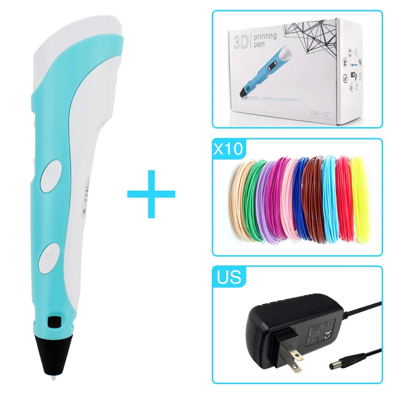 blue US plug BOX 3D печать ручка 2-го поколения RP-100B светодиодный дисплей DIY 3d принтер ручка с 10 цветов 100 м PLA нити для рисования детей - Цвет: blue US plug BOX
