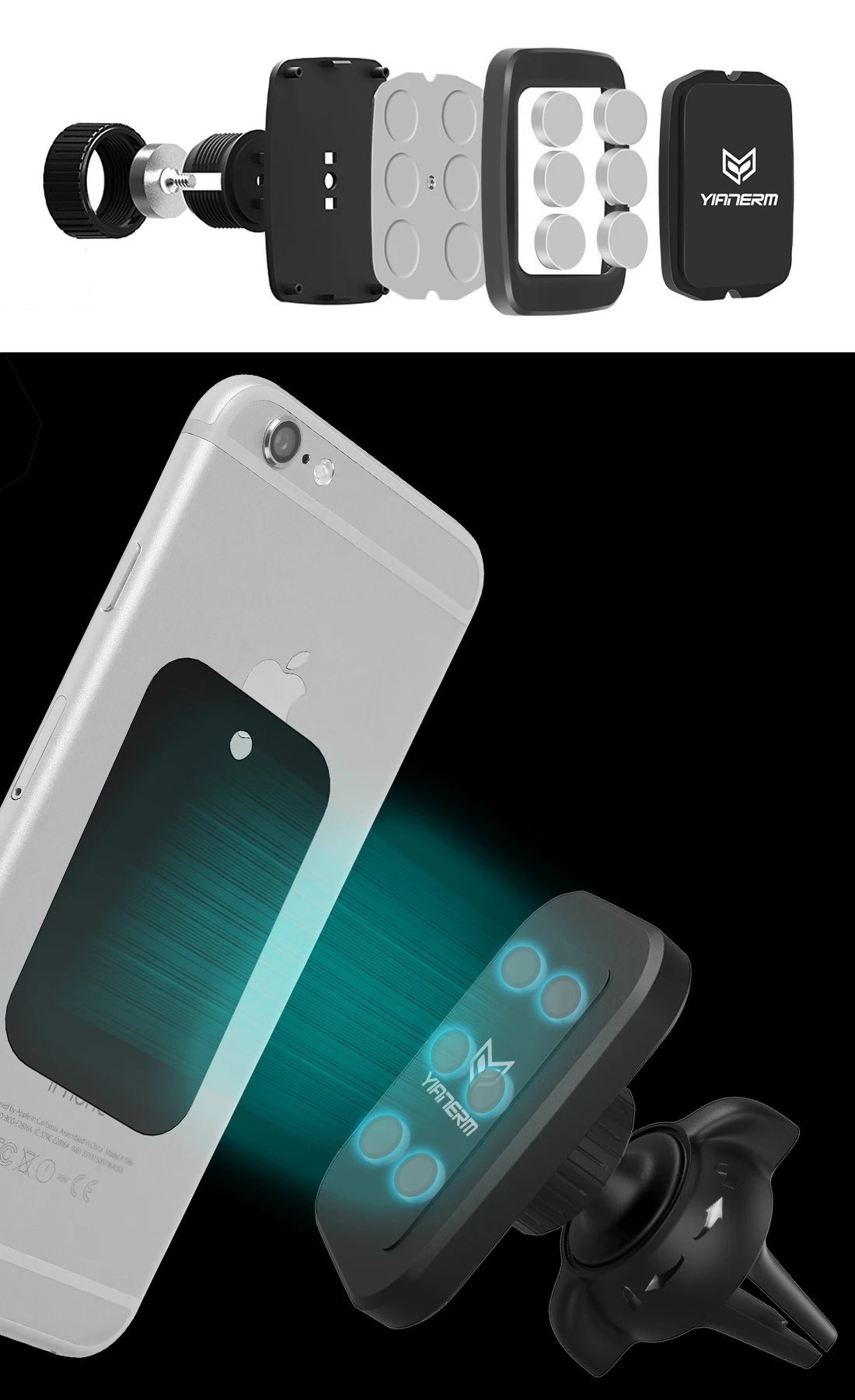 Yianerm Новые 6 N50 сильный магнит Магнитная Air Vent держатель телефона twist lock автомобильное крепление для Iphone, Samsung, huawei, 4-6 дюймов телефон