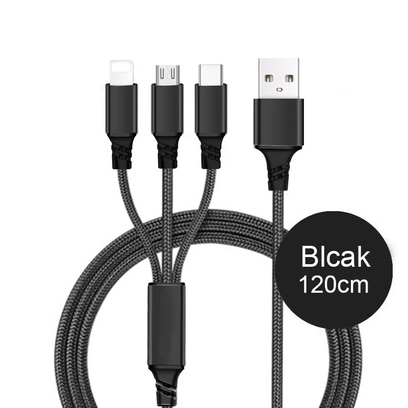 Black 3 in 1 120CM 3в1 2в1 USB кабель для iPhone X 8 7 6 Micro usb type C кабель для samsung S9 S8 Быстрая зарядка кабель 3A зарядное устройство короткий длинный шнур - Цвет: Black 3 in 1 120CM