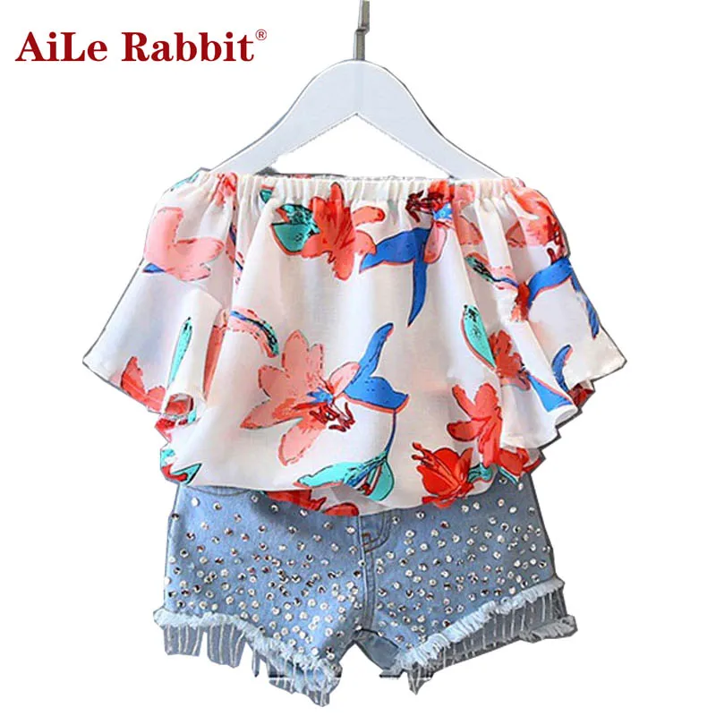 AiLe Rabbit/комплекты одежды для девочек Шифоновая блузка Джинсовые шорты 2 предмета