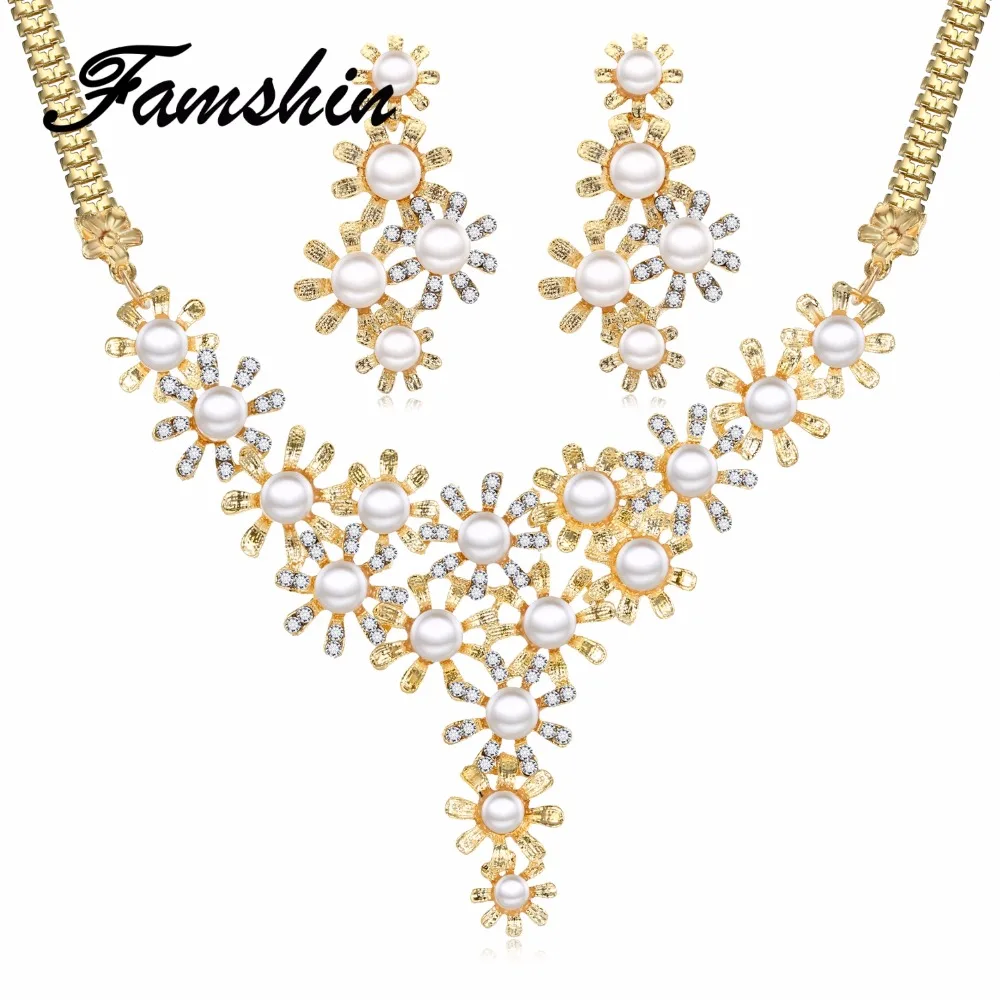 FAMSHIN золотые цветы имитация жемчуга комплекты ювелирных изделий Длинные