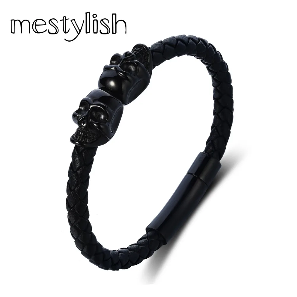 Mestylish Черный натуральной кожи наппа Нержавеющая сталь черный/золотой/серебряный цвета twin череп браслет браслеты для мужчин Для женщин украшения подарок