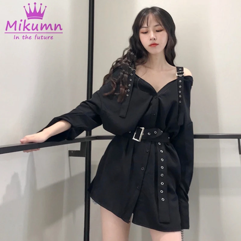 Mikumn, женское платье, Harajuku, готические, черные платья, корейский стиль, модные, прямые, с поясом, на пуговицах, повседневные, простые, в стиле панк, женские сексуальные платья