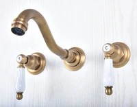 antique brass wall mounted bathroom sink faucet widespread 3pcs ceramics handles basin 3 holes mixer tap zsf509