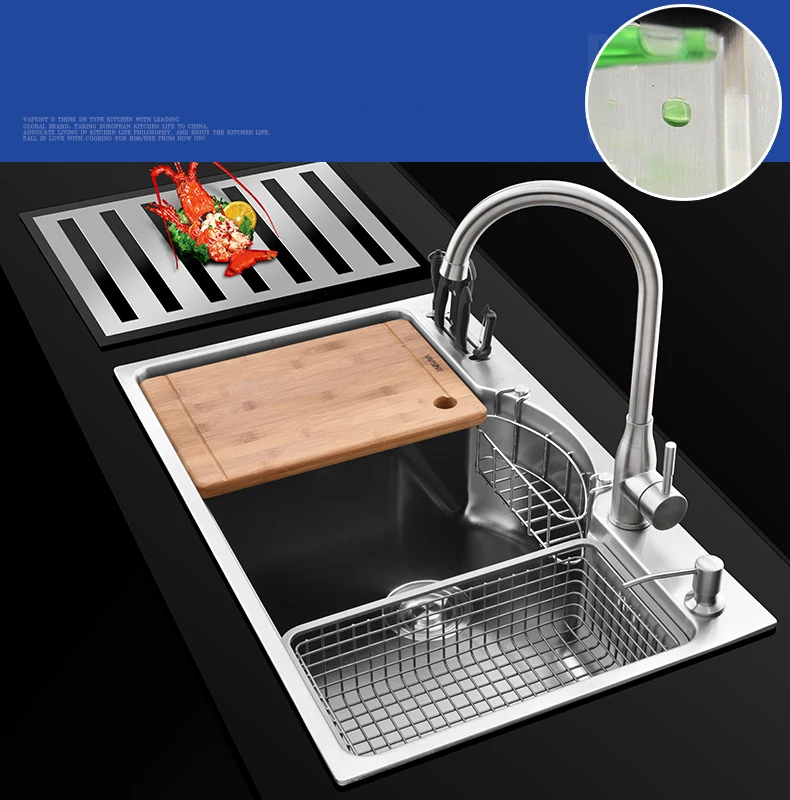multifunctional thicken brushed sus304 stainless steel kitchen sink set with drainer pull out faucet block knives not included free global shipping