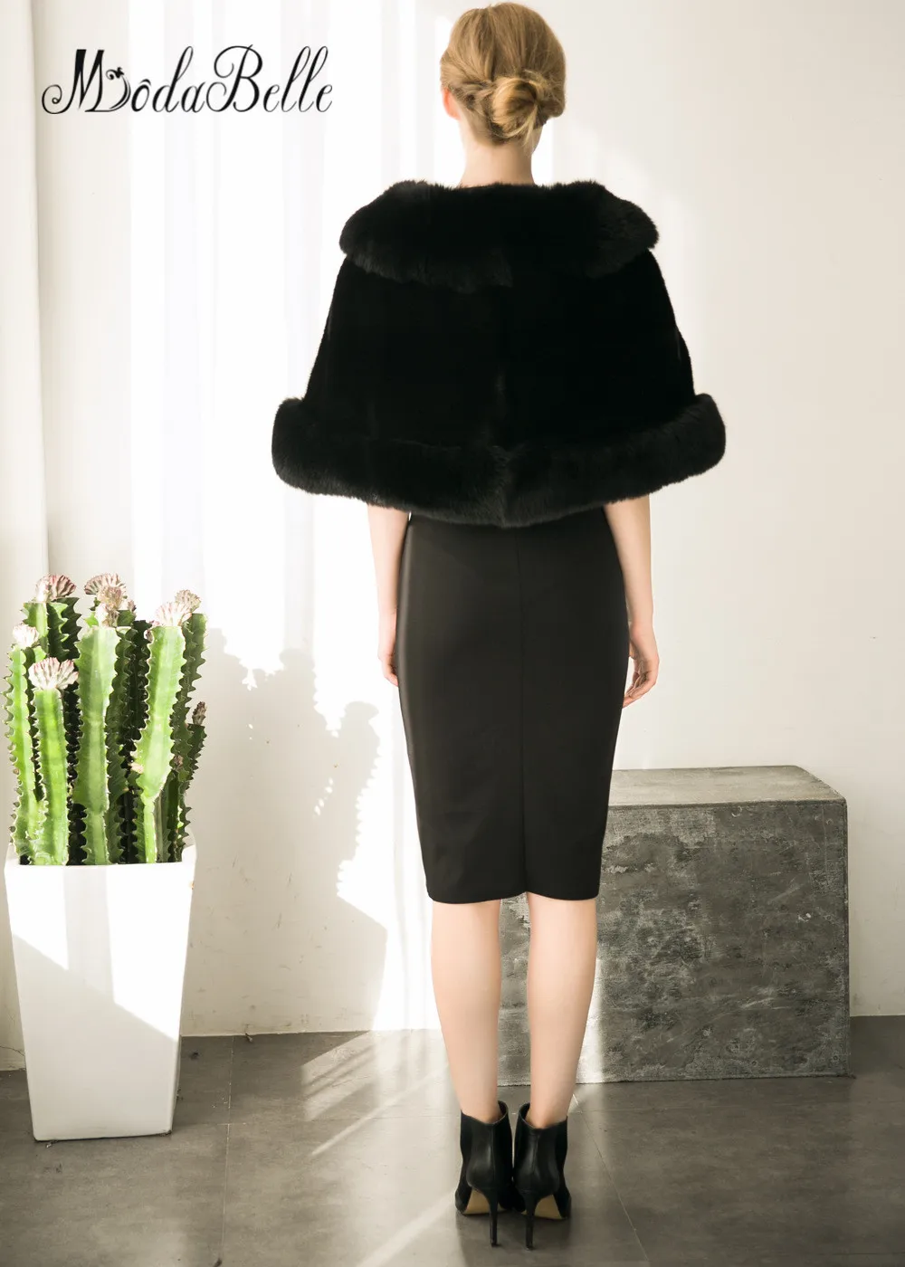 Черный искусственный мех палантин Болеро зимнее пальто для свадьбы женские