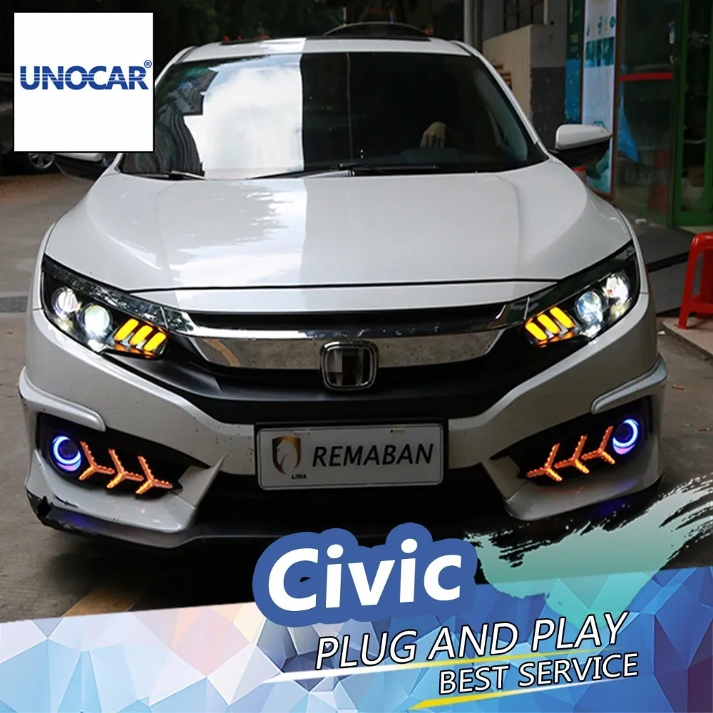 UNOCAR автомобиля для укладки Honda CIVIC X 10th 2016 2017 фара светодиодный фар красный Ангел