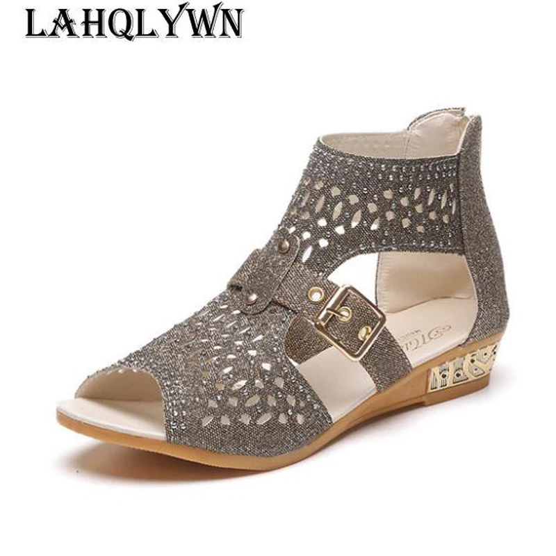 Summer Shoes Woman Crystal Sandals For Women Low Heel Beach After The Zipper Bing Women's Peep Toe Wedges C299 | Обувь