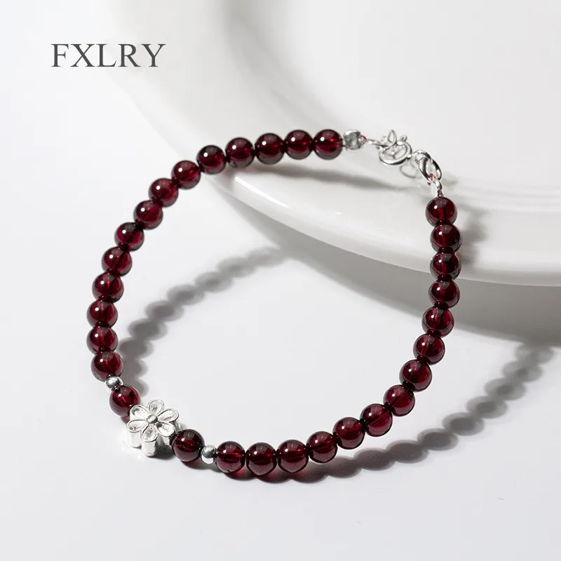 

FXLRY Hot Selling Silver color Jewelry Beads &Natural Red Garnet Stone Chain Bracelet with Flower Charms Bracelet For wo