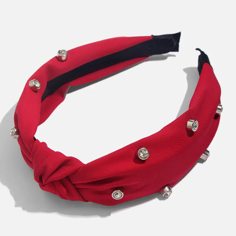Bohemian Solid Color Soft Velvet Center Knot Wide Pearl Hairband Ladies multiple color Knotted Hairband Hair Accessories - Metal color: H0062RD