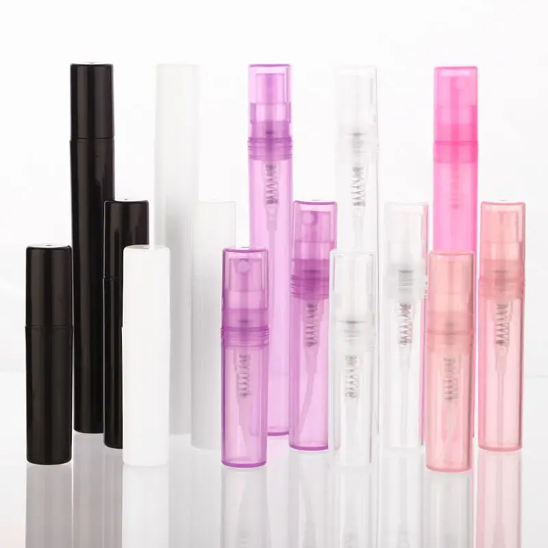 Botella de plástico transparente para Perfume, pulverizador de niebla para muestra, 100 unids/lote, 2ml, 3ml, 4ml, 5ml, rosa, Blanco, Negro