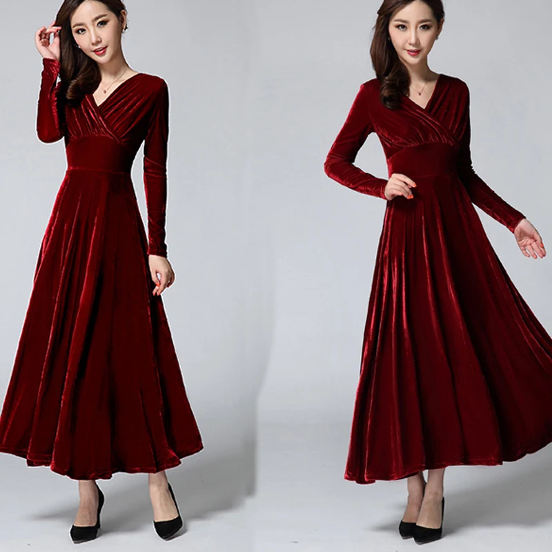 Женское бархатное платье с V образным вырезом длинным рукавом и вырезом|fall winter