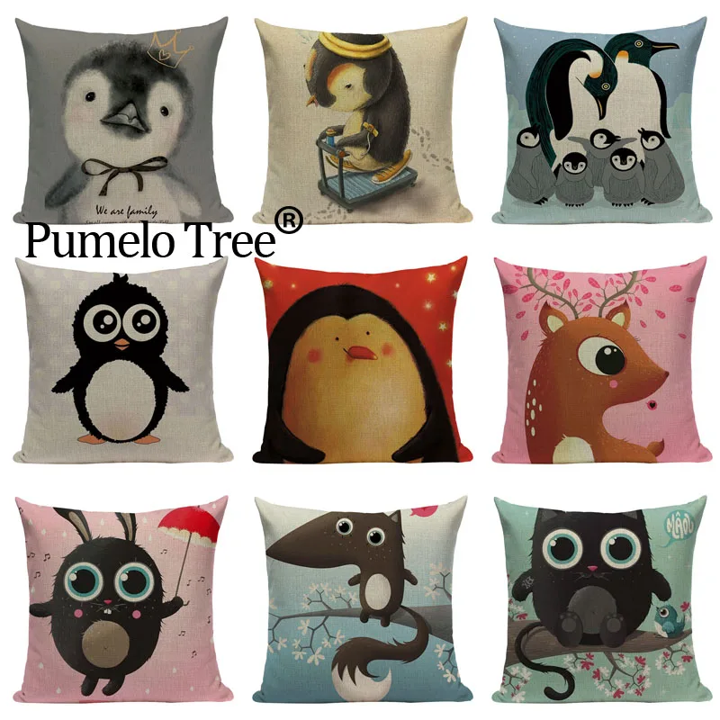 Симпатичная декоративная наволочка с милым пингвином совой хлопковая льняная