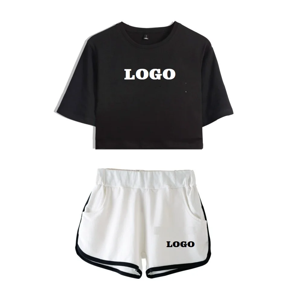 black 1 Custom Logo Дропшиппинг DIY Пользовательский логотип комплект из двух предметов женский хлопковый укороченный топ и шорты Kpop сексуальный пупок укороченная футболка костюм Лето - Цвет: black 1 Custom Logo