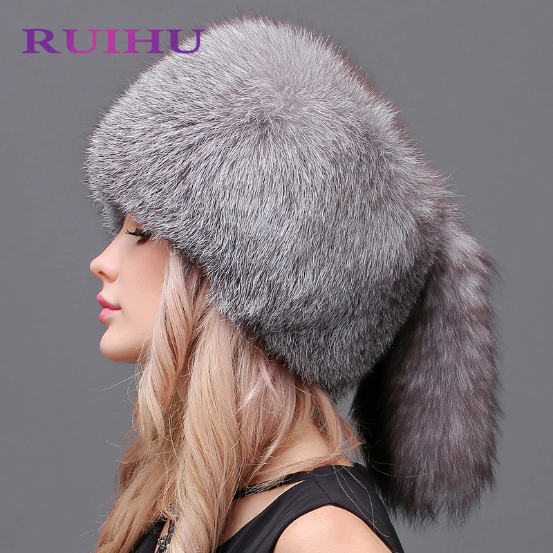 Ruihu Новинка зимы женские натуральный Лисий мех шапка новый толстый теплый silver fox