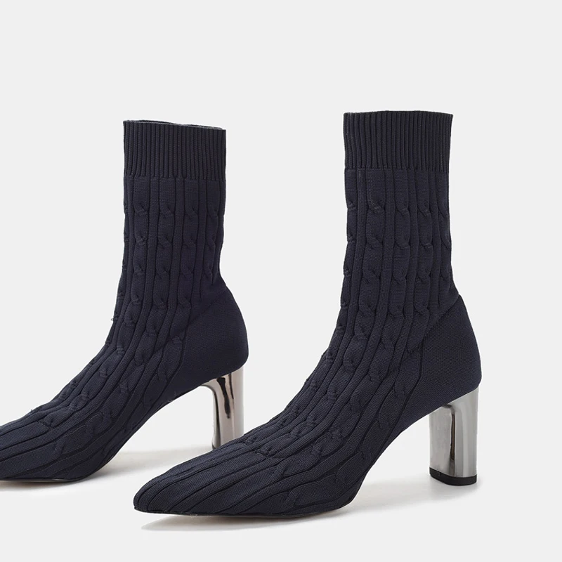 Женские вязаные ботинки носки Teahoo Зимние ботильоны ручной работы с острым носком