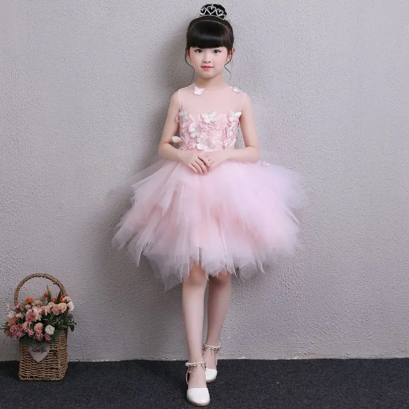 2018 Girl Pink Tulle Princess Flower Dress Wedding Christening Gown Summer Clothes For Party First Communion | Детская одежда и