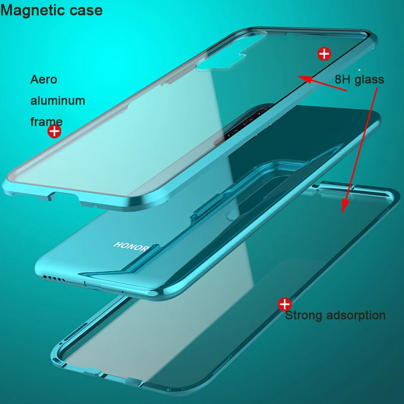 magnetic adsorption 360 full case for huawei honor 20 pro tempered glass the front back cover for honor 20 cases metal bumper free global shipping