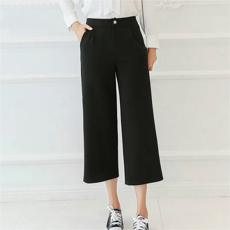 Женские широкие брюки pantalon черные повседневные с высокой талией в Корейском