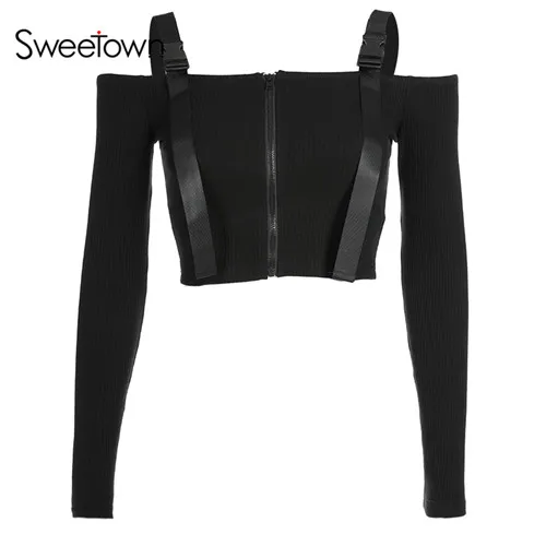 black Sweetown Vogue топы с открытыми плечами и длинным рукавом, футболка для женщин, сексуальная Корейская Стильная летняя Осенняя черная футболка Harajuku - Цвет: black