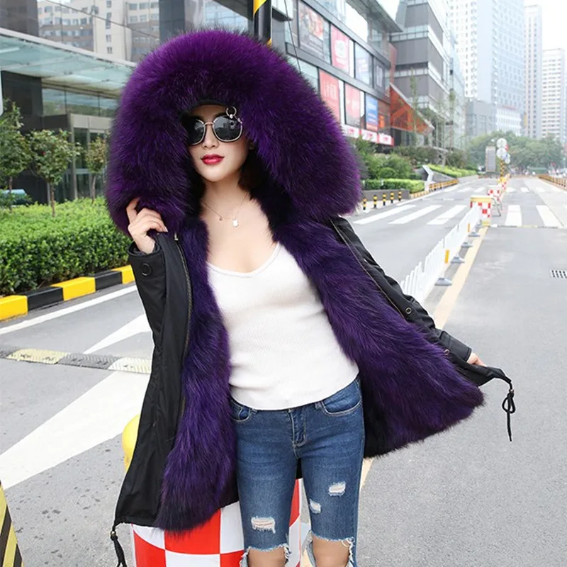 Real Fur Parka For Women Winter Real Fox Fur Lining Coat Raccoon Fur Hoodie Cotton Jacket