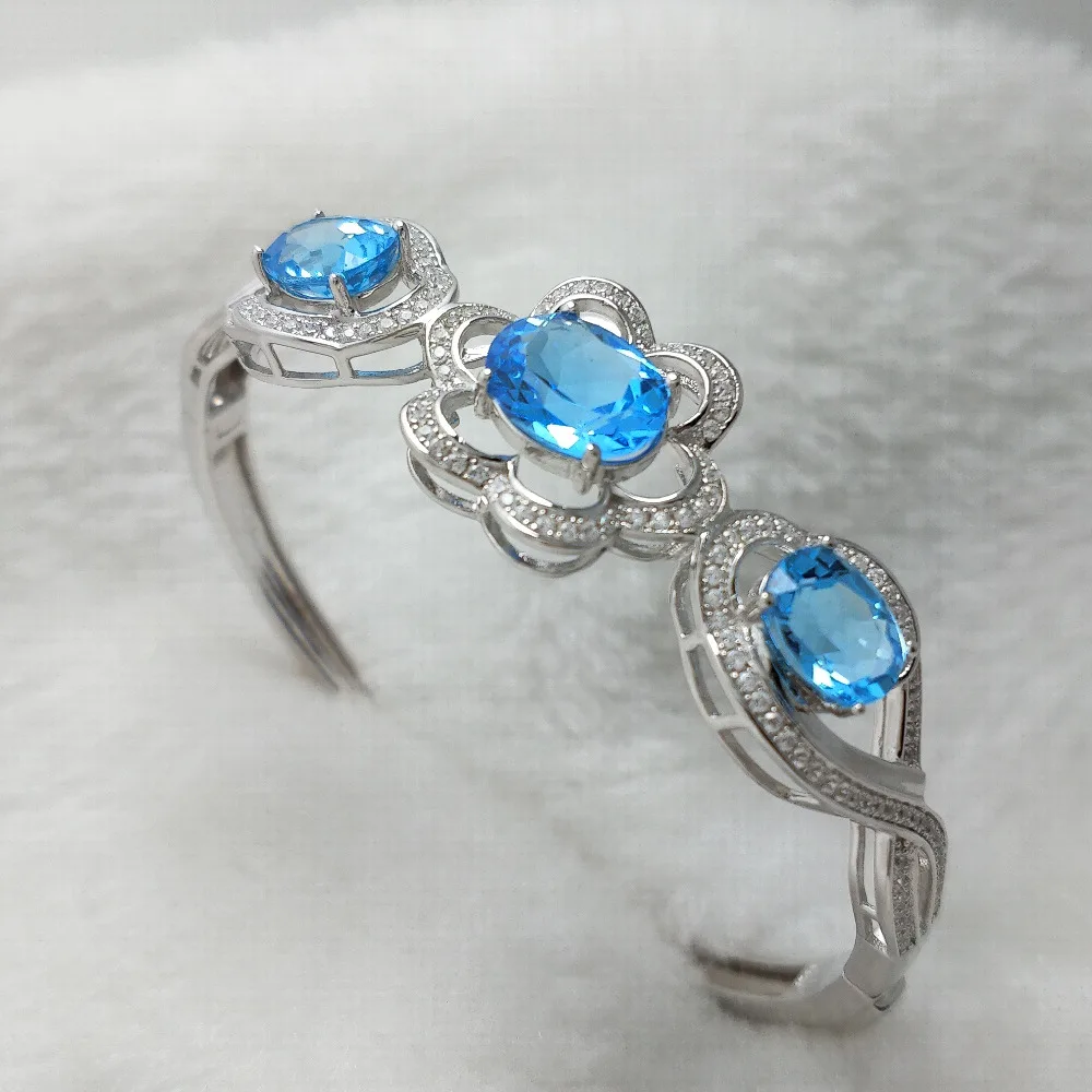 FLZB Big Flower Design 925 Sterling Silver Bangle 18k White Gold Plated with Good Color Natural Blue Topaz 12.8ct Women gift | Украшения и