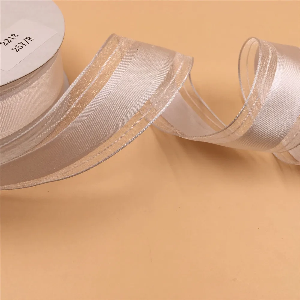 

38MM X 25yards wired organza stripes edges white grosgrain ribbon for gift box wrapping N2213