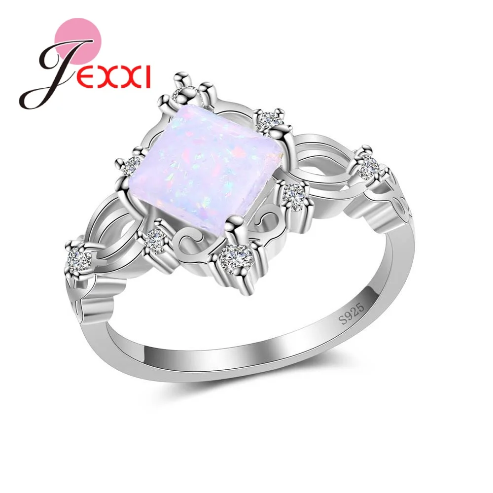 

Top Selling Square Shape White Fire Opal Paved 925 Sterling Silver Jewelry For Women Finger Rings With CZ Wedding Bague