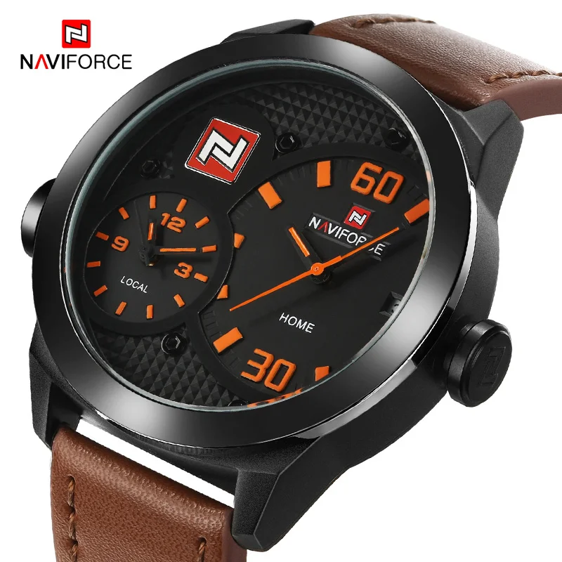 Orange Naviforce Для мужчин Спортивные часы модные роскошные Лидирующий бренд Dual Time Повседневные часы кожаный ремешок Водонепроницаемый часы Relogio Masculino - Цвет: Orange